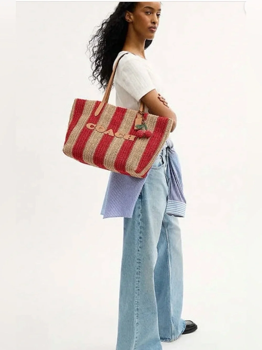 NWT COACH THE CITY TOTE BAG RED/TAN Striped Straw Tote Leather Logo, Handles.